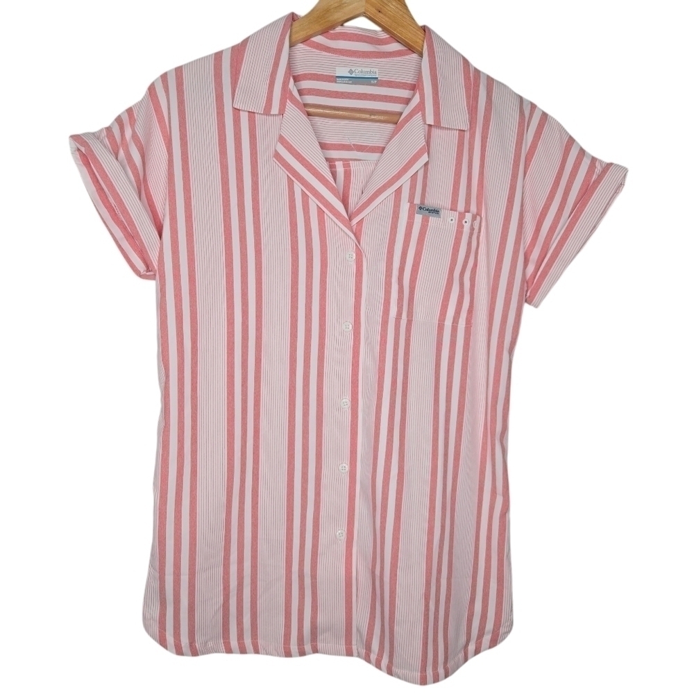 Columbia Pink and White Striped Short Sleeve Button-Down Shirt